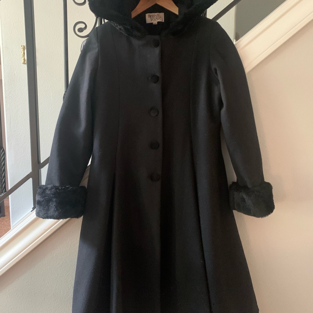 British Vogue Long Black Faux Fur Trim Coat